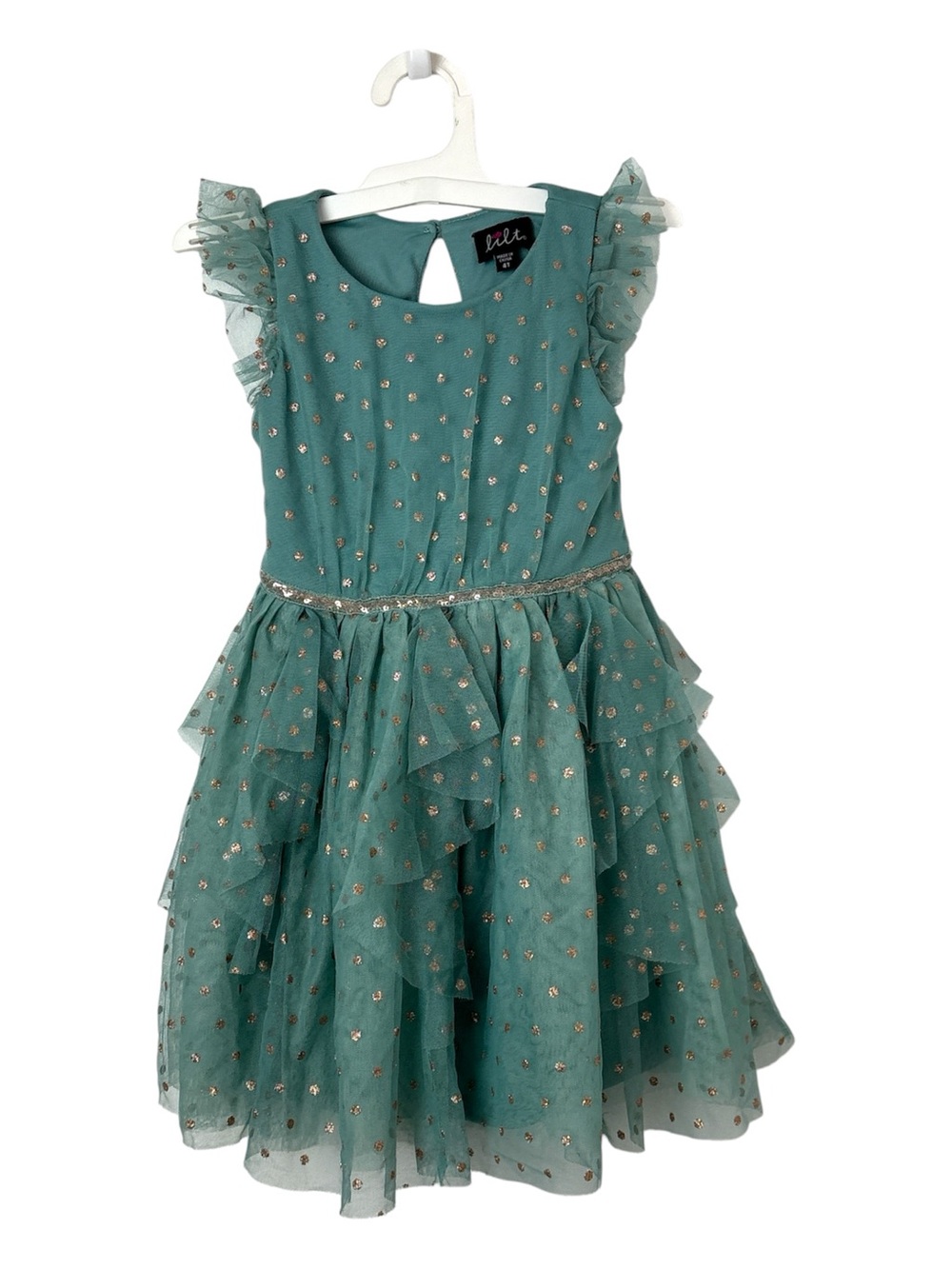 lilt Seafoam Green Tulle Dress with Gold Polka Dots 4T